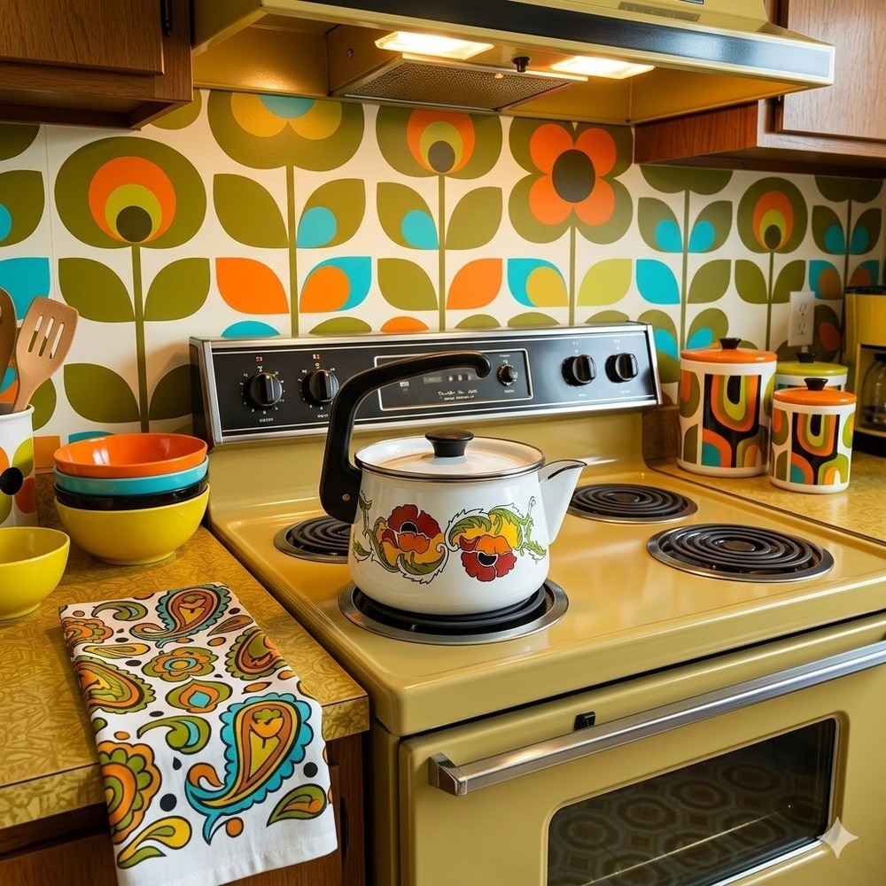 Vintage Cer-A-Met Enamel Tea Kettle Retro Floral Rare Pattern‎ Mod Poppy